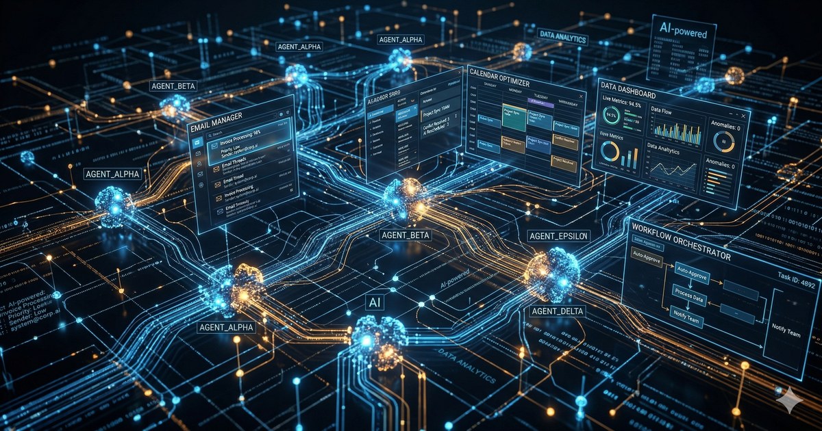 Visualisasi AI agent yang bekerja secara otonom mengelola multiple sistem bisnis secara bersamaan