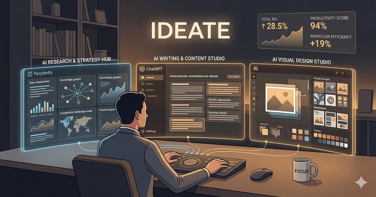 Visualisasi tiga AI agent dengan peran berbeda bekerja sebagai tim marketing digital personal branding