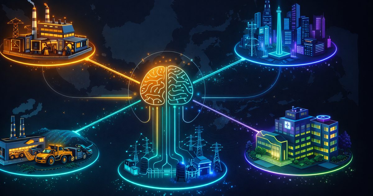 Visualisasi AI yang terhubung ke lima sektor industri utama Indonesia — manufaktur, mining, energi, smart city, dan healthcare