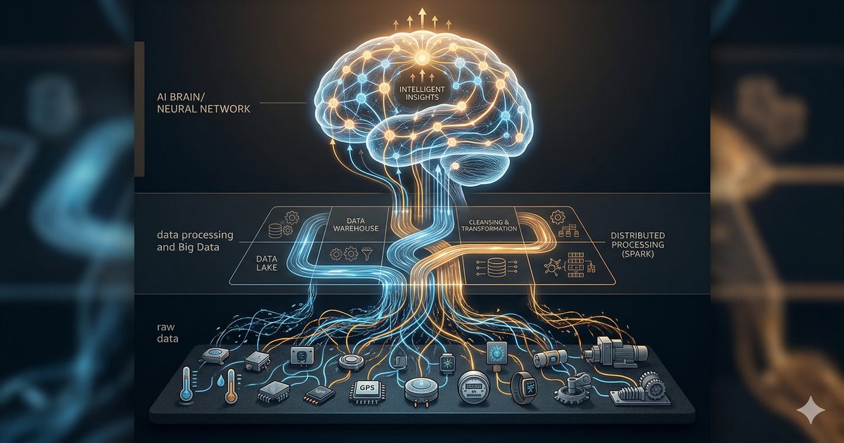 Ilustrasi alur data dari sensor IoT ke Big Data hingga AI sebagai fondasi kecerdasan buatan