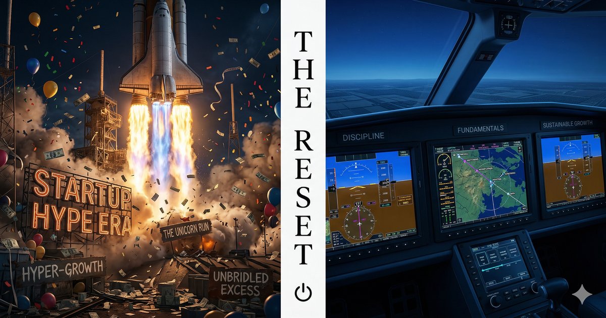 Ilustrasi editorial transisi dari era hype startup ke era disiplin dan fundamental bisnis yang kuat