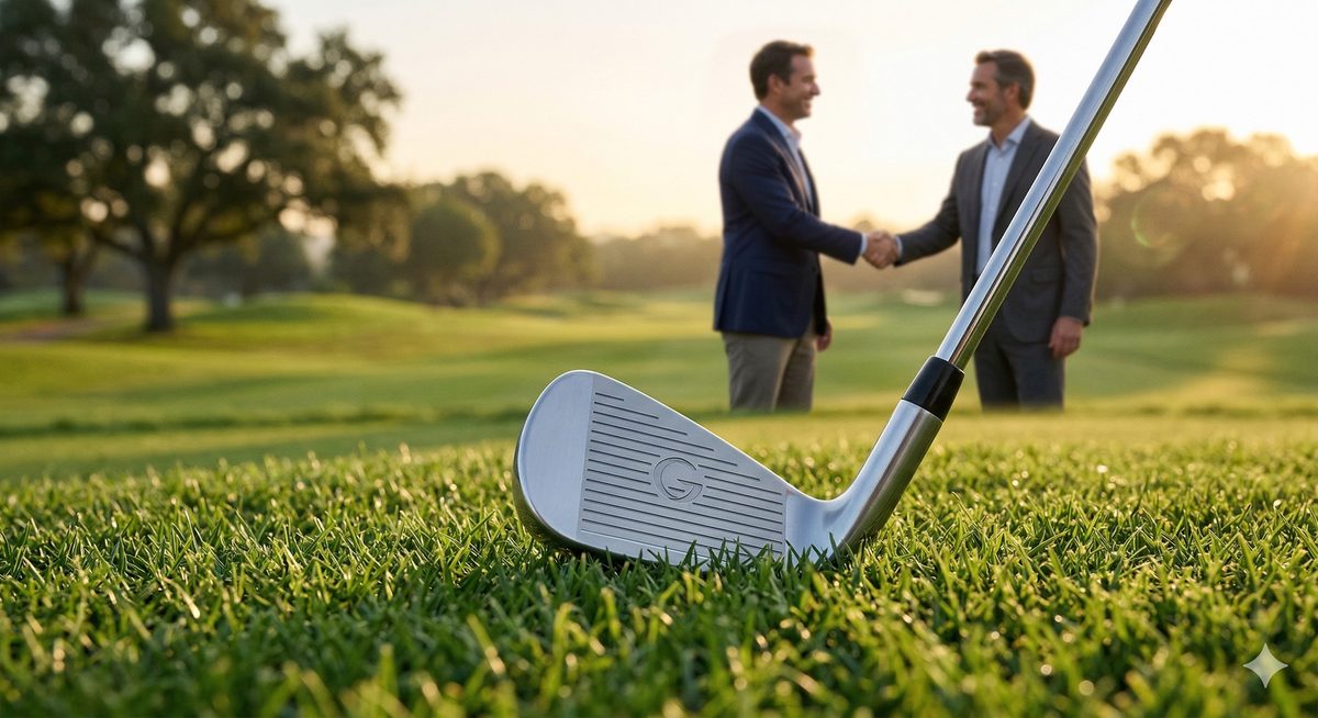 Dua eksekutif berjalan di lapangan golf melambangkan silaturahmi bisnis dan kepercayaan