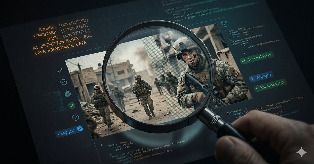 Ilustrasi forensik digital — analisis gambar konflik dengan overlay data verifikasi dan metadata