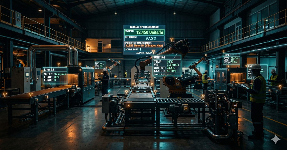 Visualisasi smart factory IoT di pabrik manufaktur Indonesia dengan sensor dan dashboard monitoring real-time