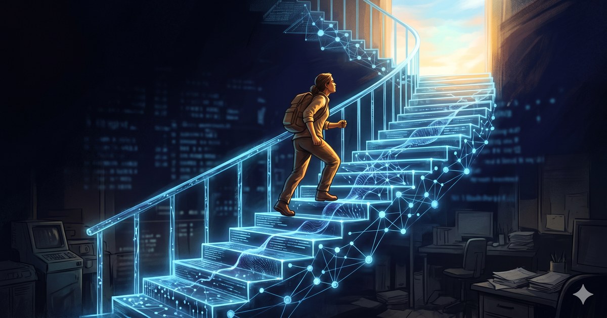 Ilustrasi manusia yang berevolusi dan naik level bersama AI — bukan tergantikan, tapi terupgrade