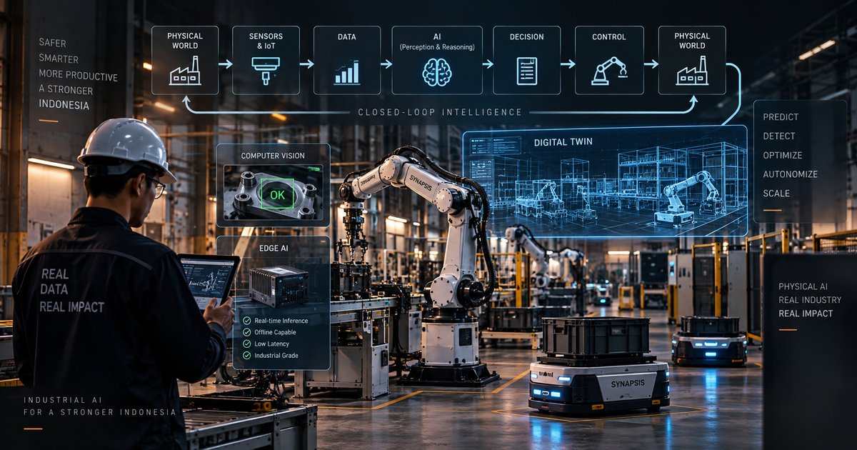 Visual Physical AI di lantai produksi yang menghubungkan sensor, computer vision, digital twin, edge AI, dan robot industri
