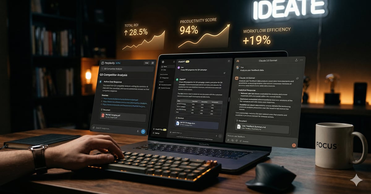Dashboard produktivitas dengan berbagai AI tools berbayar — Claude, ChatGPT, Perplexity — menunjukkan ROI dan output kerja yang terukur