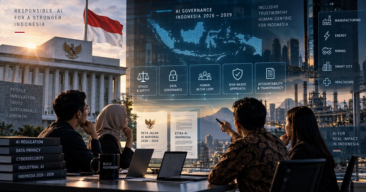 Ilustrasi tata kelola AI Indonesia dengan sistem AI, human oversight, risk classification, data governance, dan cybersecurity