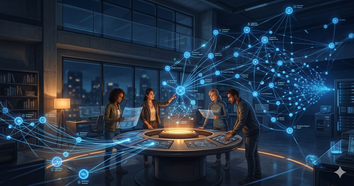 Ilustrasi tim kecil yang mengoperasikan jaringan AI agent — sedikit orang, dampak besar